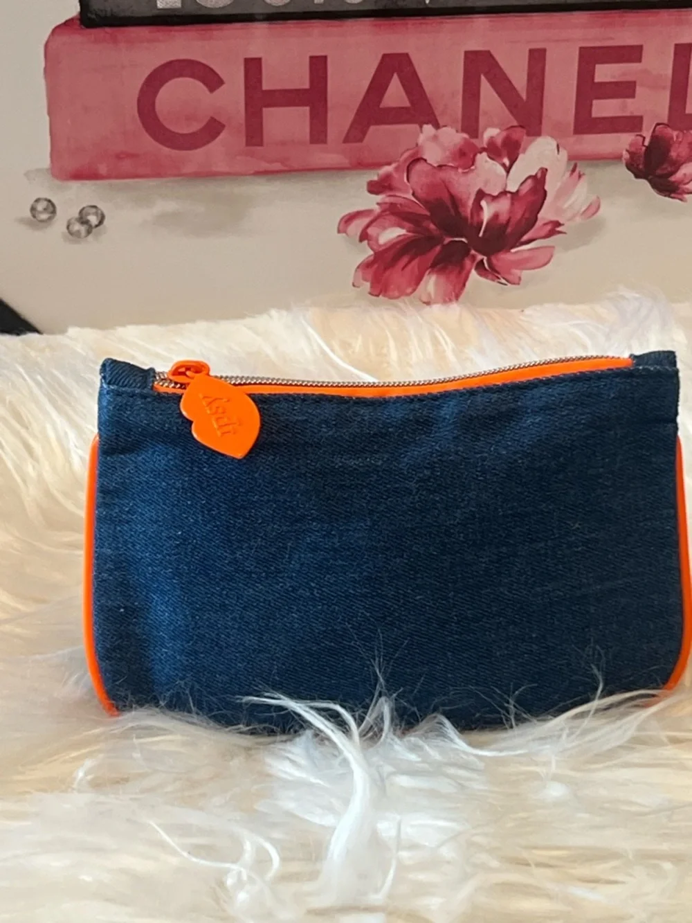 ipsy Dark Blue Denim Cosmetic Bag with Bright Orange Trim